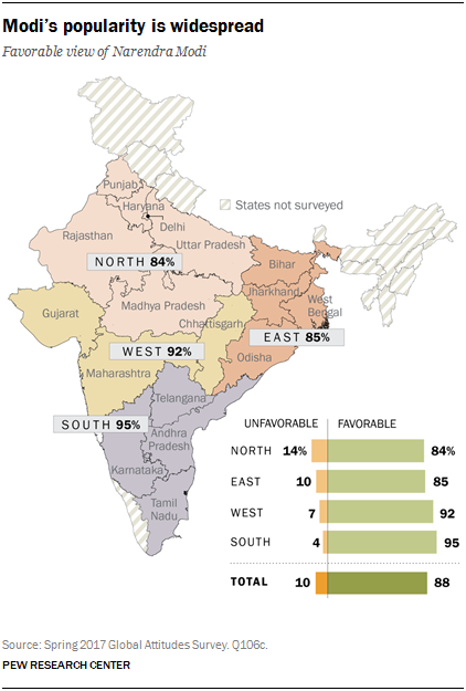 Map showing Modi's popularity is widespread throughout India