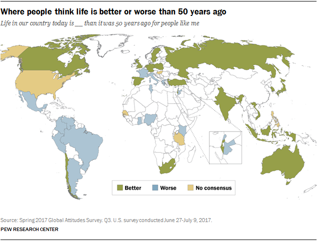 Map showing where people think life is better or worse than 50 years ago