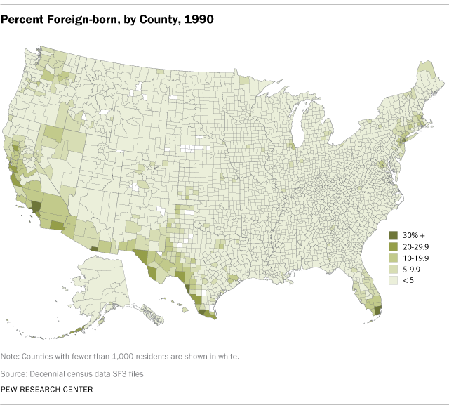 Higher Concentrations of Immigrants in Southwest, Large Cities (1990)