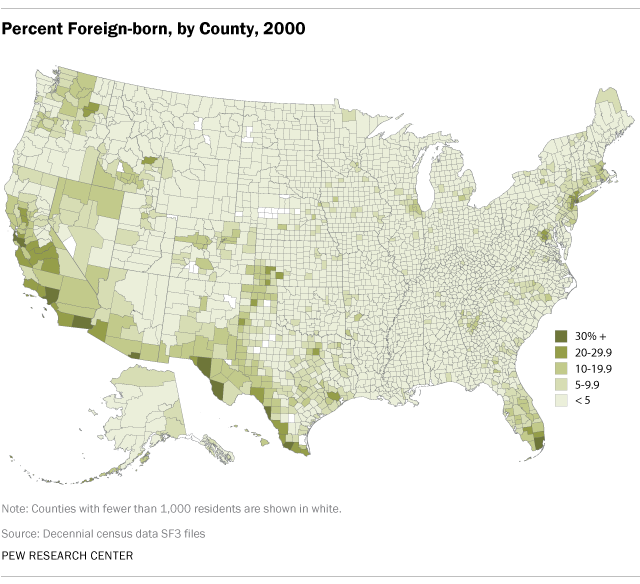 Higher Concentrations of Immigrants in Southwest, Large Cities (2000)