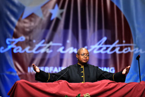 Pentecostal minister Leah Daughtry speaks at the Interfaith Gathering of the 2008 Democratic Convention. Democrats have stepped up their religious outreach efforts in 2008.