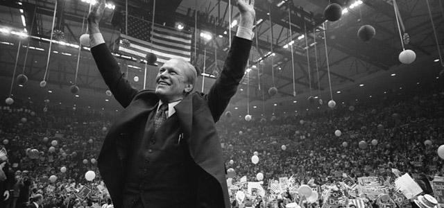 Ford campaigns at the Nassau County Veterans Coliseum in Hempstead, New York on October 31, 1976 during the final days of his reelection campaign.