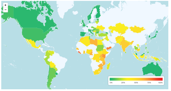 Percentage of respondents in each country who paid a bribe in the past 12 months (Source: Transparency International)