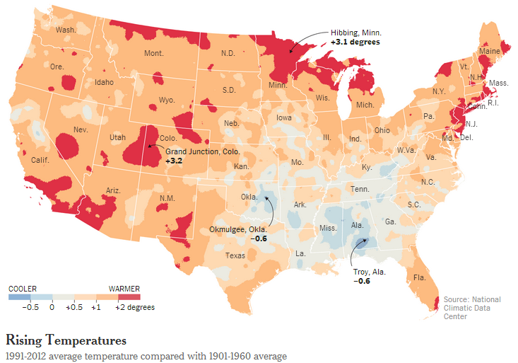 Map of average temperature change in the U.S.