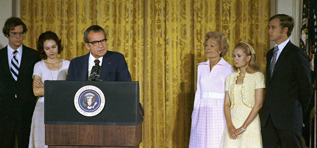 President Richard Nixon delivers remarks to the White House staff on his final day in office, Aug. 9, 1974. Credit: White House photo, courtesy Richard Nixon Presidential Library