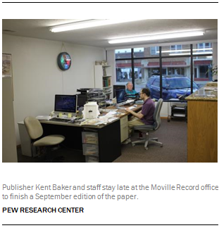 Publisher Kent Baker and staff stay late at the Moville Record office to finish a September edition of the paper.