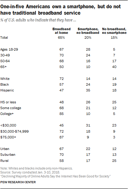 One-in-five Americans own a smartphone, but do not have traditional broadband service